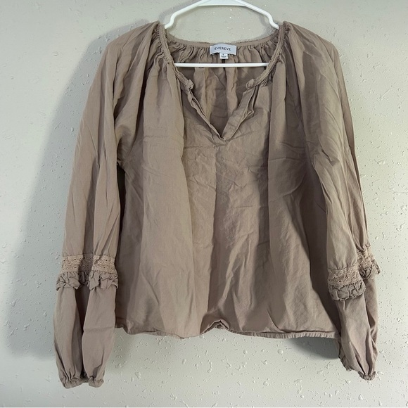 Evereve Cream Tan Neutral Long Sleeve Balloon Sleeve Blouse Boho Bohemian Small - Picture 1 of 6